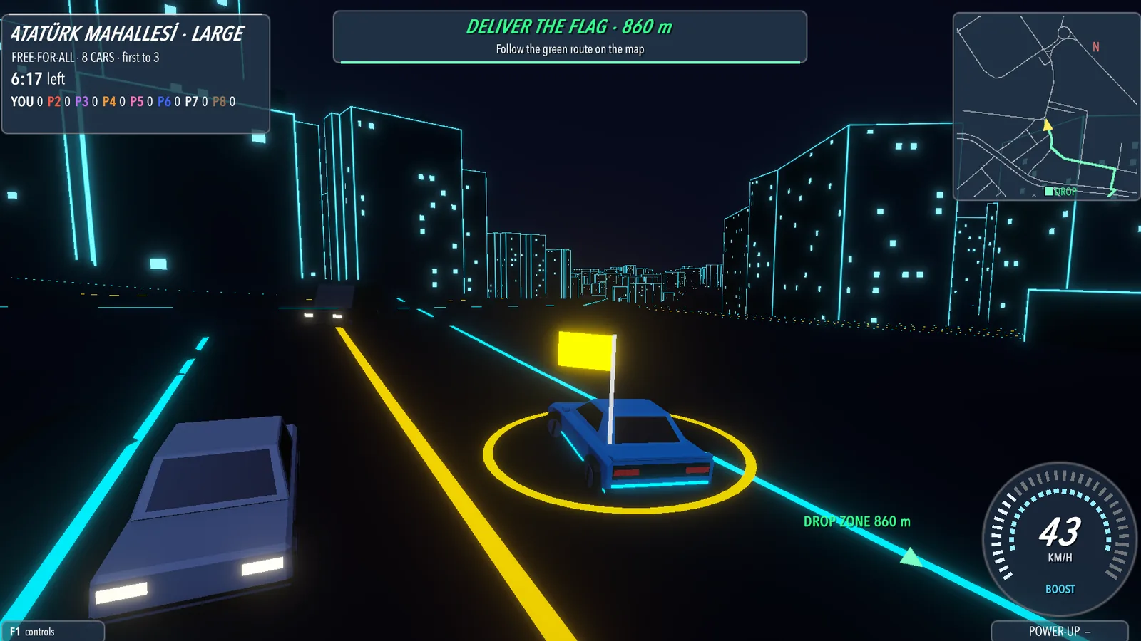 Ataşehir in the Neon Night style: a car carrying the flag along a yellow route line while another pulls alongside, apartment blocks drawn in glowing outlines.